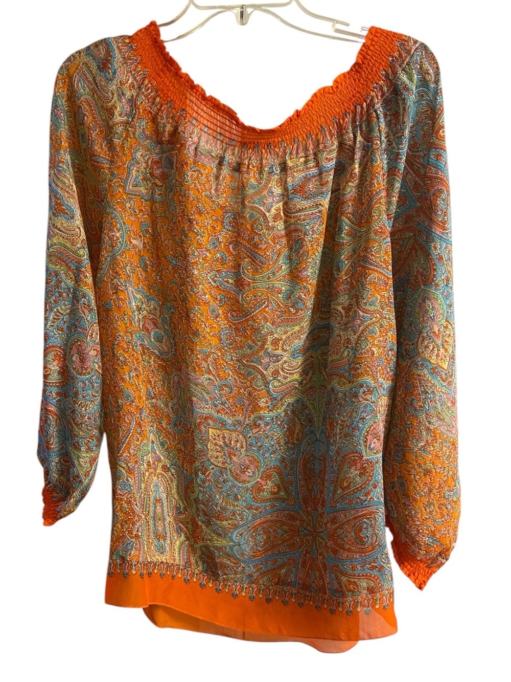 Sundance Silk Chiffon Paisley Tunic Top Off Shoulder Smocked Large - Picture 3 of 7